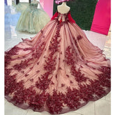 Ball Gown Off Shoulder Long Sleeves Beaded 3D Flower Lace Appliques Burgundy Tulle Princess Birthday Party Gown Quinceanera Dress For Sweet 16